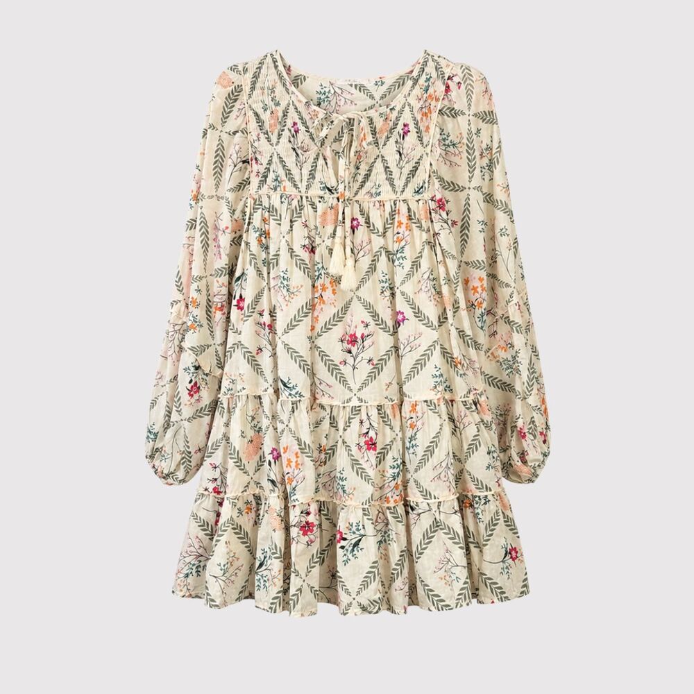 Talulah Mini Dress Beige Floral Smocked Tiered Flowy Peasant Boho Babydoll Small